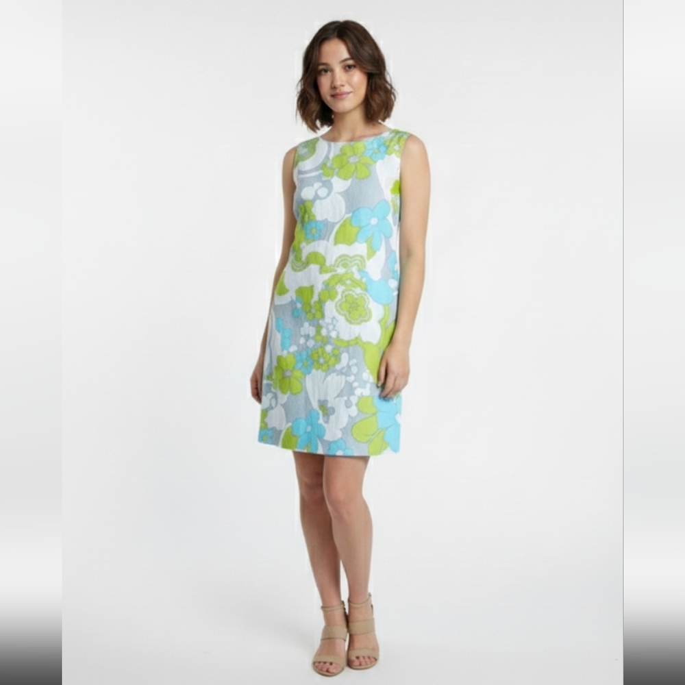 Blue and lime green floral Cottagecore Feminine spring dress womens small